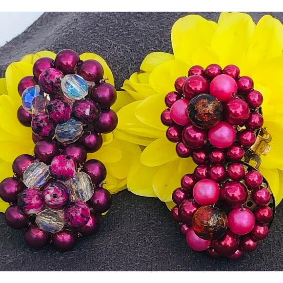 2 PAIRS Vintage MCM Japan Clip ON Bead Earrings Pink Purple - Picture 2 of 10